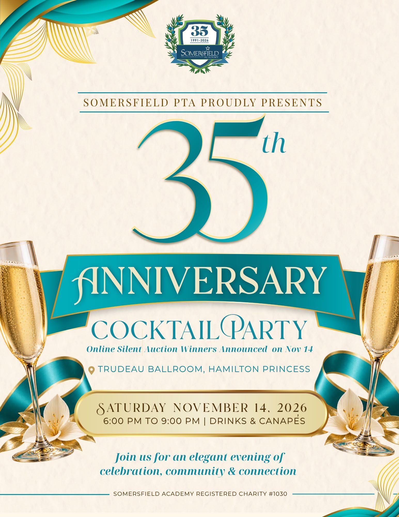 35th Anniversary Cocktail Party, Saturday 14 November 2026, Trudeau Ballroom, Hamilton Princess